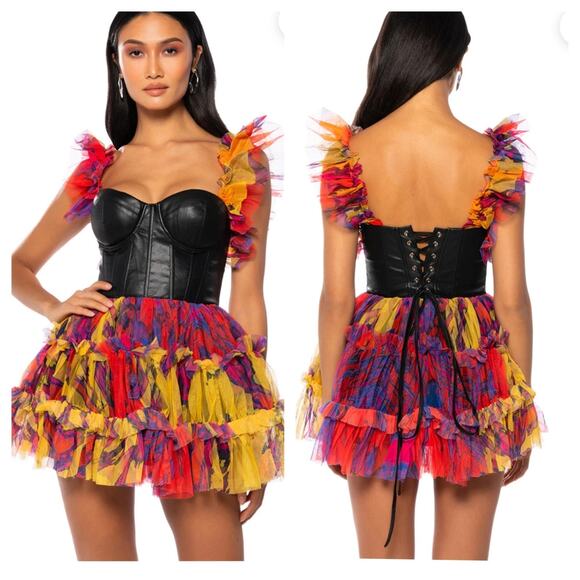 Akira Dresses & Skirts - Akira Avril Tulle Corset Mini Dress sz S Multicolor Rainbow Punk Princess NEW